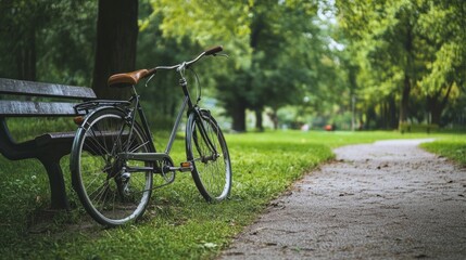 A bicycle parked near a green park, promoting eco-friendly transportation generative ai