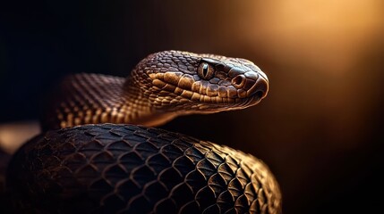 Fototapeta premium Striking close-up black snake in natural habitat jungle under soft lighting wildlife serene environment low angle perspective