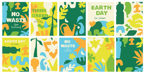 Fototapeta premium Set of Save the planet and Ecology illustrations for the Earth Day posters and cards. Layouts for prints, flyers, covers, banners design. Eco concepts. Vector illustration