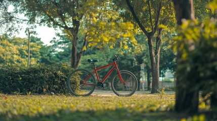 Fototapeta premium A bicycle parked near a green park, promoting eco-friendly transportation generative ai