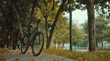 Fototapeta premium A bicycle parked near a green park, promoting eco-friendly transportation generative ai