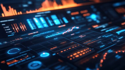 Obraz premium Futuristic Data Visualization, Abstract Digital Interface with Glowing Neon Charts and Graphs