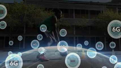 Playing basketball with 6G technology animation overlay in outdoor court - Powered by Adobe