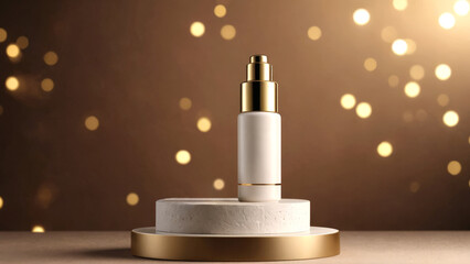 Blank mock-up of cosmetic jar on podium. Advertising luxury cosmetics, beauty products on catwalk, stand. On dark blurred background. Beauty industry and skincare concept. Copy space for text