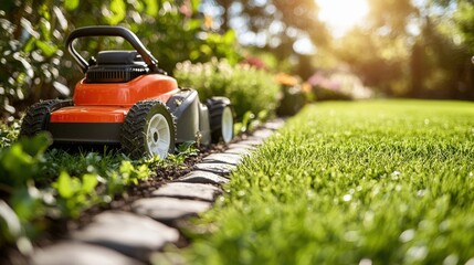 Close-up view of a lawn mower on a well-maintained garden path with sunlight filtering through trees