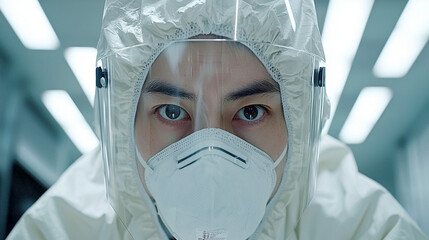 A close-up portrait of a charismatic infectious disease doctor wearing a special mask.