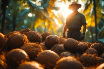 Obraz premium A worker gathers harvested coconuts at sunset in a tropical plantation, with sunlight filtering through lush palm trees, creating a serene atmosphere Generative AI