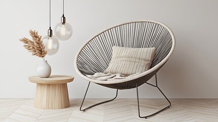 A stylish chair with soft accents and modern lighting