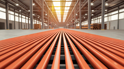 A spacious industrial warehouse interior featuring long, orange conveyor belts lined up on the floor, with large windows allowing natural light to flood the space.