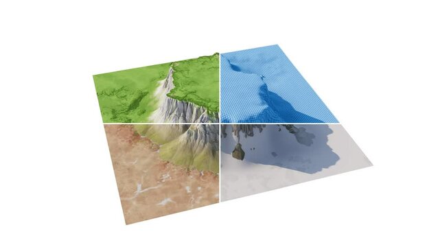 Animation of 3D model of mesa with changing textures to visualize the seasons. 4 sectors: wireframe mesh, winter, spring (or autumn), summer. Seamless loop. 3D rendering. White background.