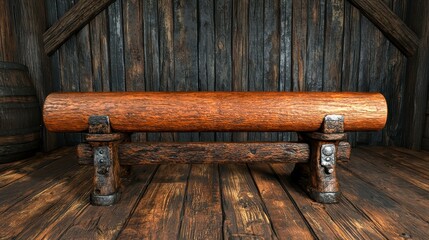Fototapeta premium Rustic Dark Brown Wooden Log Bench on Aged Wooden Floor