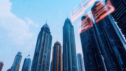 News update bulletin Concept, Futuristic Cityscape with Digital Overlays and Architectural Highlights for News and Project Updates