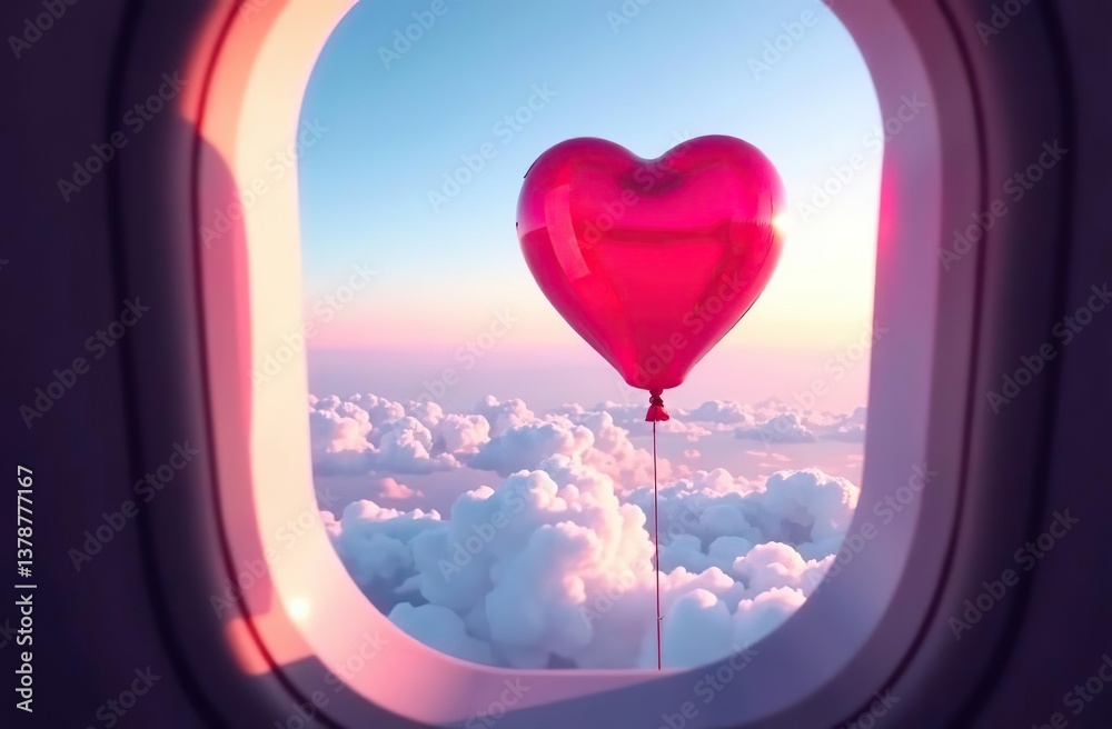 Wall mural view from the plane window to the sky with clouds and heart shape red balloon