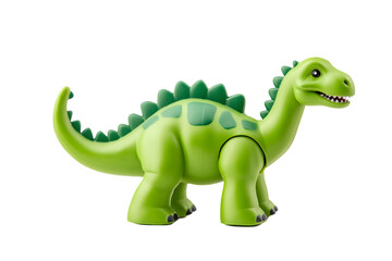 A green plastic dinosaur toy with a long neck on a black background