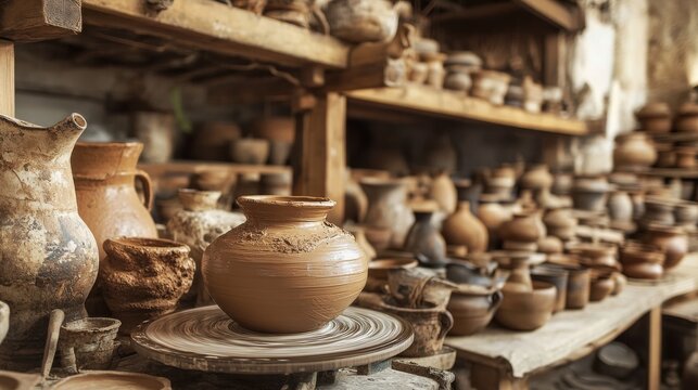 Clay pot close-up on potter's wheel. Inside interior. Wooden racks in pottery workshop in which there are pottery, many different pottery standing on the shelves in a potery workshop. Master crock.