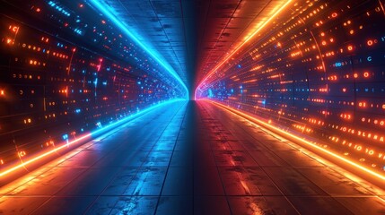 Obraz premium Neon tunnel, vibrant colors, futuristic corridor, data stream background