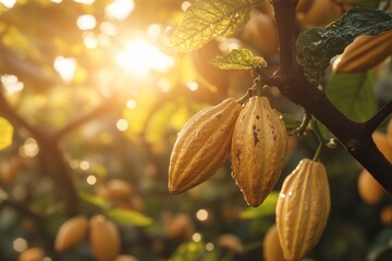 Cocoa beans develop on trees under the warm glow of sunlight, highlighting the vibrant green leaves in a tropical plantation during a serene evening Generative AI