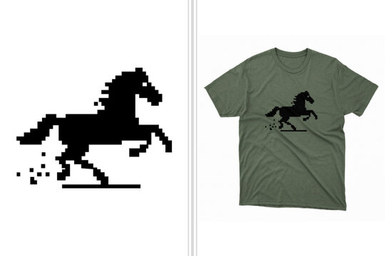 silhouette of pixel horse t-shirt design, black horse vector tee template