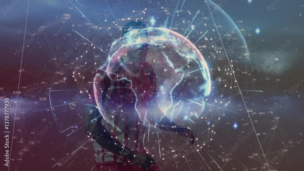 Poster animation of digital globe with network connections over person in dynamic pose