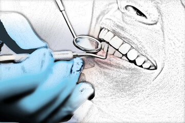 A woman with light hair reclines in a dental chair, her mouth open. A dentist, wearing blue gloves, uses a dental mirror and probe to examine her teeth.