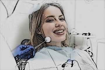 A woman with light hair reclines in a dental chair, her mouth open. A dentist, wearing blue gloves, uses a dental mirror and probe to examine her teeth.