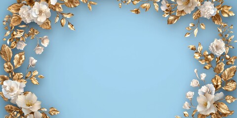 Elegant Floral Design on Blue Background with Golden Accents, Luxury Art