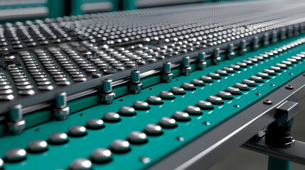 Fototapeta premium A close-up view of a machine component featuring numerous metallic buttons on a teal surface, showcasing an industrial setting.