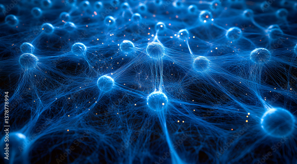 Poster abstract blue digital background with glowing network connections and light particles, forming an in