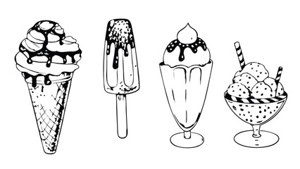  Vintage Ice Cream Desserts Illustration – Hand-Drawn Monochrome Sketch Vector