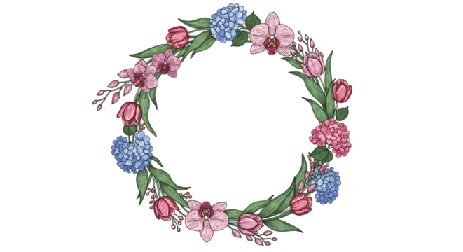 Orchid & Hydrangea Circle Graphic - Colorful Floral Wreath with Transparent Background