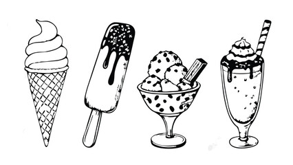  Vintage Ice Cream Desserts Illustration – Hand-Drawn Monochrome Sketch Vector