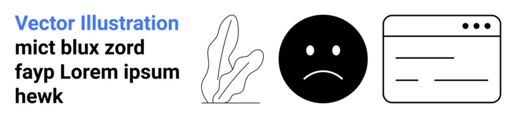 Fototapeta premium Black sad face icon, abstract plant, and minimal browser window layout. Ideal for emotion, feedback, error page, UX design, web development, digital branding simple landing page