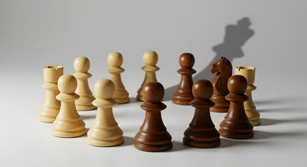 Circular Chess Pawn Formation on White Background in a Strategic Game