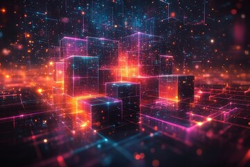 Digital landscape featuring glowing geometric shapes illuminated with vibrant colors at night