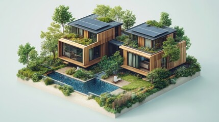Modern eco-friendly homes with solar panels surrounded by lush greenery and a serene pool