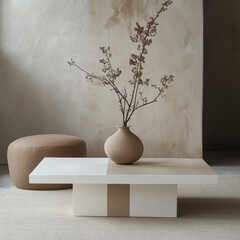 Modern coffee table with vase and branches against textured wall  