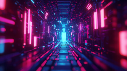 Fototapeta premium A futuristic tunnel illuminated with vibrant pink and blue lights, creating an immersive digital atmosphere.