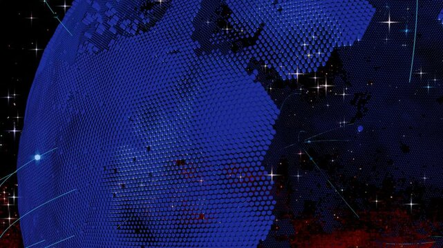 Abstract representation of Earth with a digital, pointillist texture, glowing lines connecting points, and a cosmic background with glowing stars, Technological, global, interconnected, futuristic