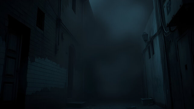 Ominous dark gray-black misty fog envelops a desolate, dimly lit abandoned alleyway with crumbling walls, eerie