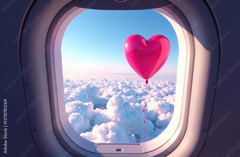 Wall mural view from the plane window to the sky with clouds and heart shape red balloon