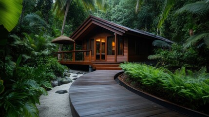 Obraz premium tropical retreat, wooden accented tropical chalet exterior, surrounded by lush greenery and palm trees, with space for text