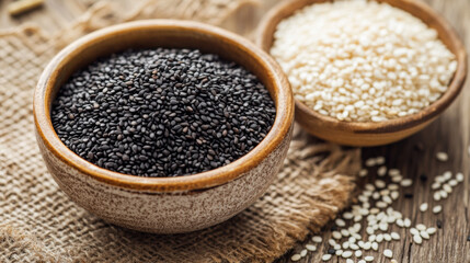 Black and White Sesame Seeds in Bowls on Rustic Wooden Table