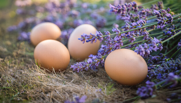 Ester eggs and lavender blooms. Happy holiday. Beautiful nature.