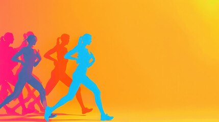 Fototapeta premium Silhouette of Running Women, Colorful silhouettes of women running, representing fitness, health, and teamwork.