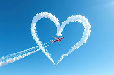 Obraz premium Airplane flying through clear blue sky left heart shape of vapour trails behide