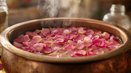 Rose petals gently float atop steaming water in a copper pot, creating a soothing and aromatic atmosphere in a tranquil setting