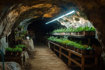 Underground greenhouse sustaining plant life using natural cave humidity and light reflection
