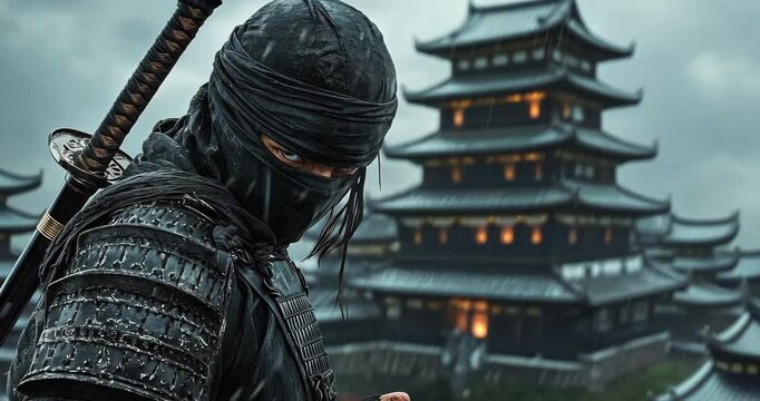 Mysterious Samurai: A captivating image of a samurai stands ready for battle, showcasing intricate armor and a formidable sword against the backdrop of an ancient castle.