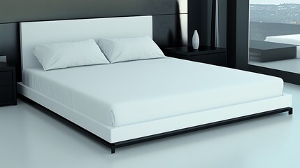 A modern minimalist bedroom with a white bed and pillows