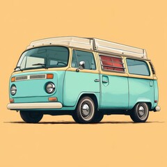 Vintage camper van parked on a pastel background showcasing its retro design and vibrant color scheme